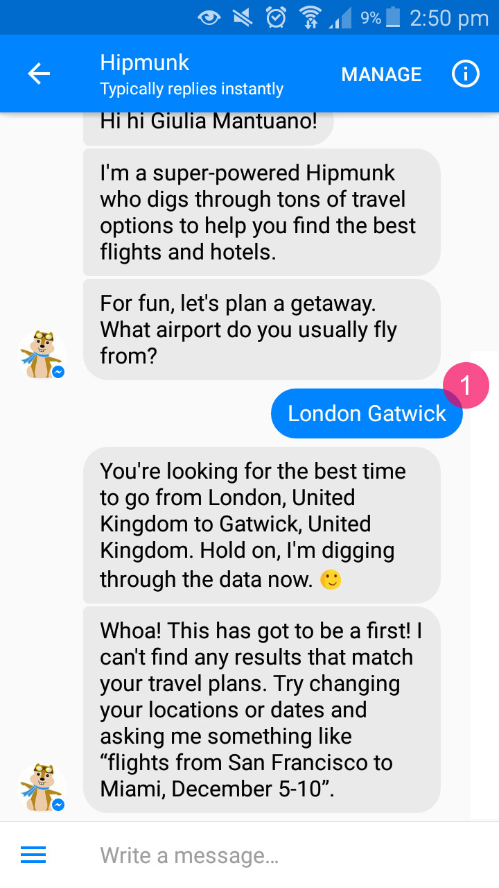 Hipmunk on Facebook Messenger