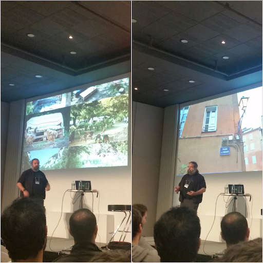 Antoine Vernois with photos of chickens and a building.