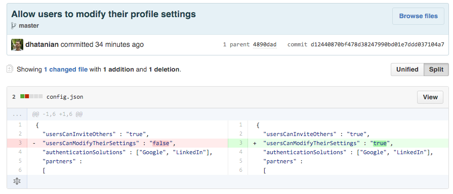 A change on a configuration file as viewed on GitHub A change on a configuration file as viewed on GitHub